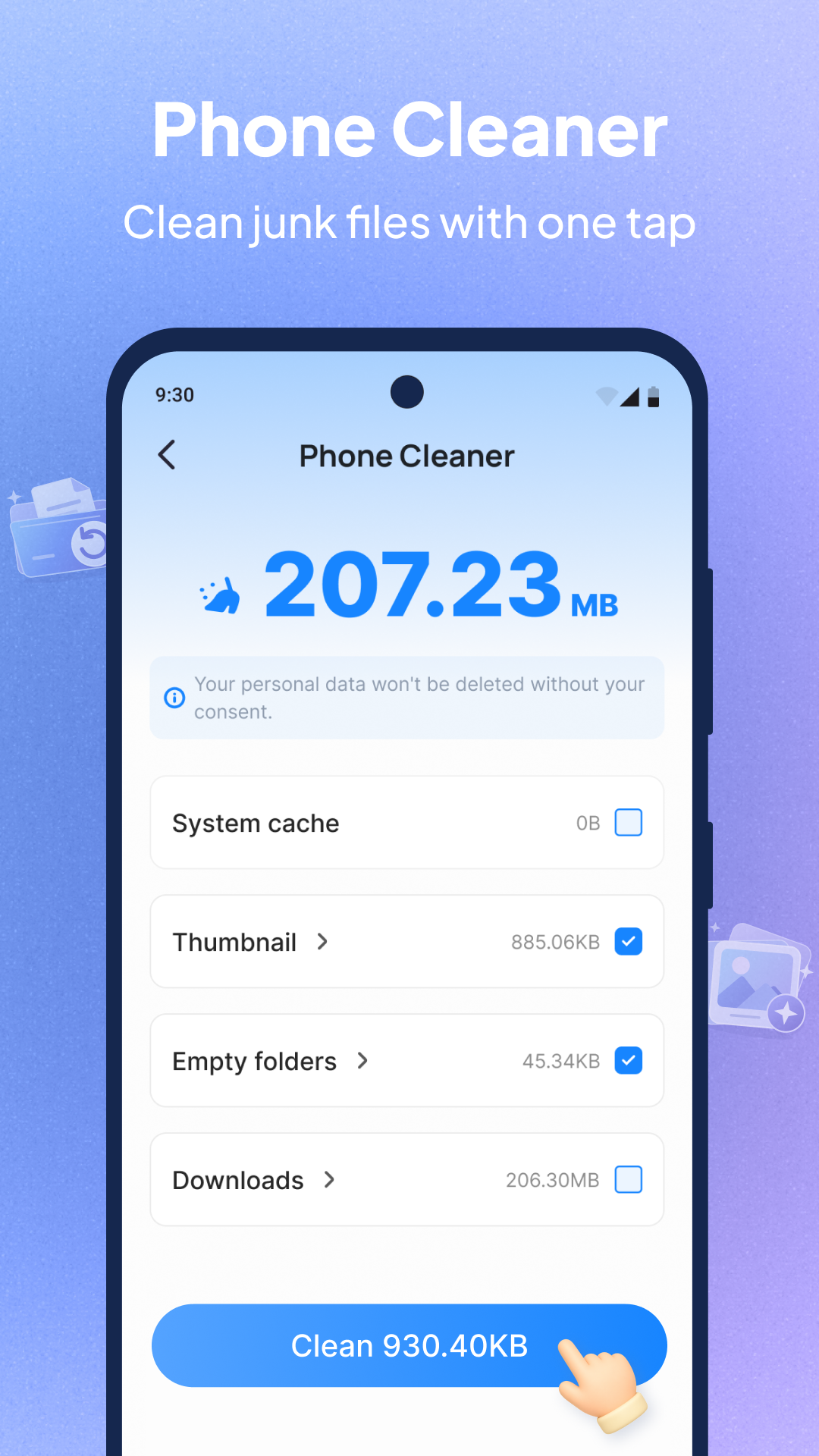 NovaClean phone cleaner with selectable cleanup categories and a consent reminder